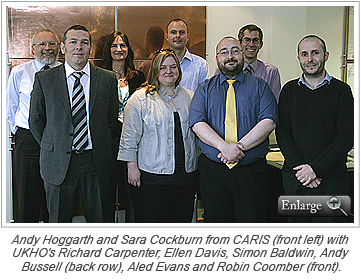 Andy Hoggarth and Sara Cockburn from CARIS (front left) with UKHO's Richard Carpenter, Ellen Davis, Simon Baldwin, Andy Bussell (back row), Aled Evans and Robin Coomber (front).
