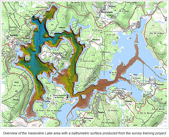 Overview of the Vassivière Lake area with a bathymetric surface produced from the survey training project.