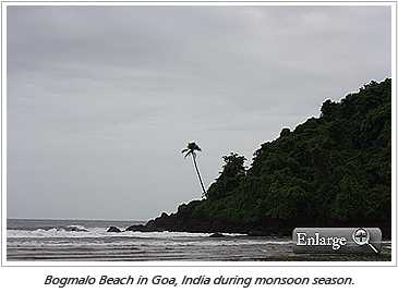 Bogmalo Beach in Goa, India during monsoon season.