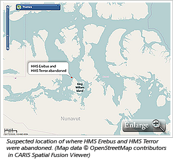 Suspected location of where HMS Erebus and HMS Terror were abandoned. (Map data © OpenStreetMap contributors in CARIS Spatial Fusion Viewer)