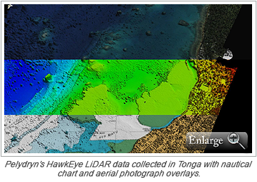 Pelydryn’s HawkEye LiDAR data collected in Tonga with nautical chart and aerial photograph overlays.