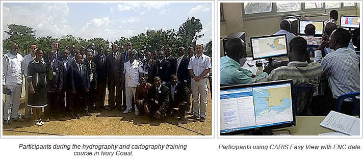 (Picture on the left) Participants during the hydrography and cartography training course in Ivory Coast. (Picture on the right) Participants using CARIS Easy View with ENC data.