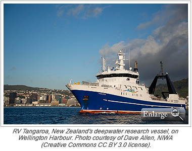 RV Tangaroa, New Zealand's deepwater research vessel, on Wellington Harbour. Photo courtesy of Dave Allen, NIWA (Creative Commons CC BY 3.0 license).
