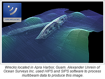 Wrecks located in Apra Harbor, Guam. Alexander Unrein of Ocean Surveys Inc. used HIPS and SIPS software to process multibeam data to produce this image.