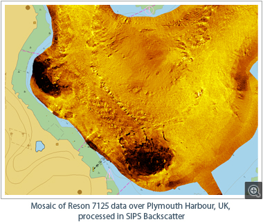 Mosaic of Reson 7125 data over Plymouth Harbour, UK, processed in SIPS Backscatter